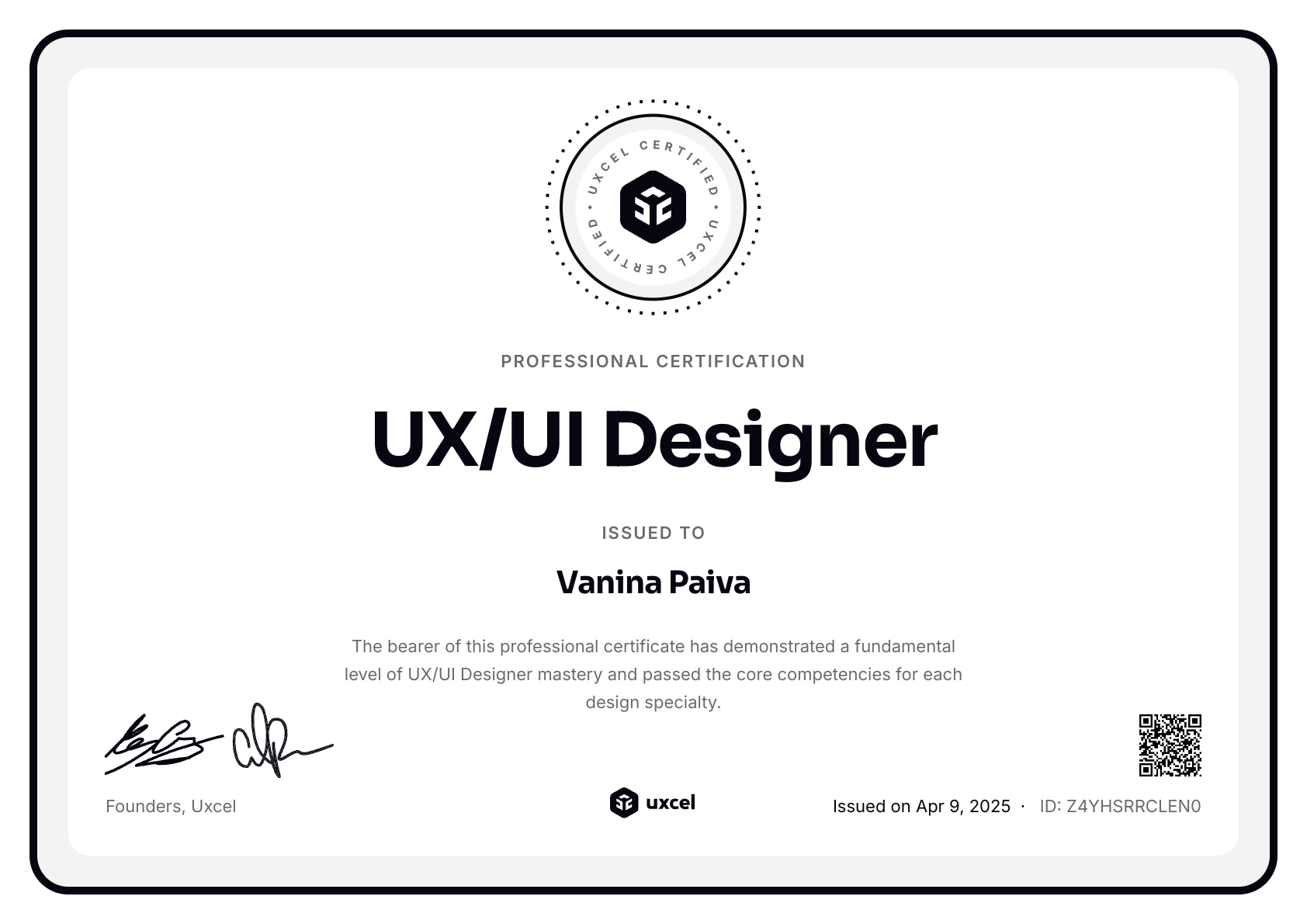 Vanina Paiva's certificate